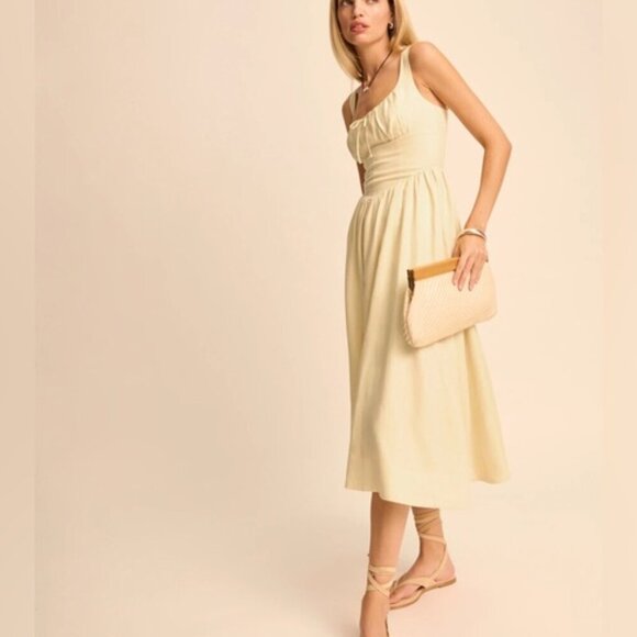 NEW Reformation Balia Linen Midi Dress in Parmesan Light Yellow | US 0 UK 4 - Picture 3 of 16